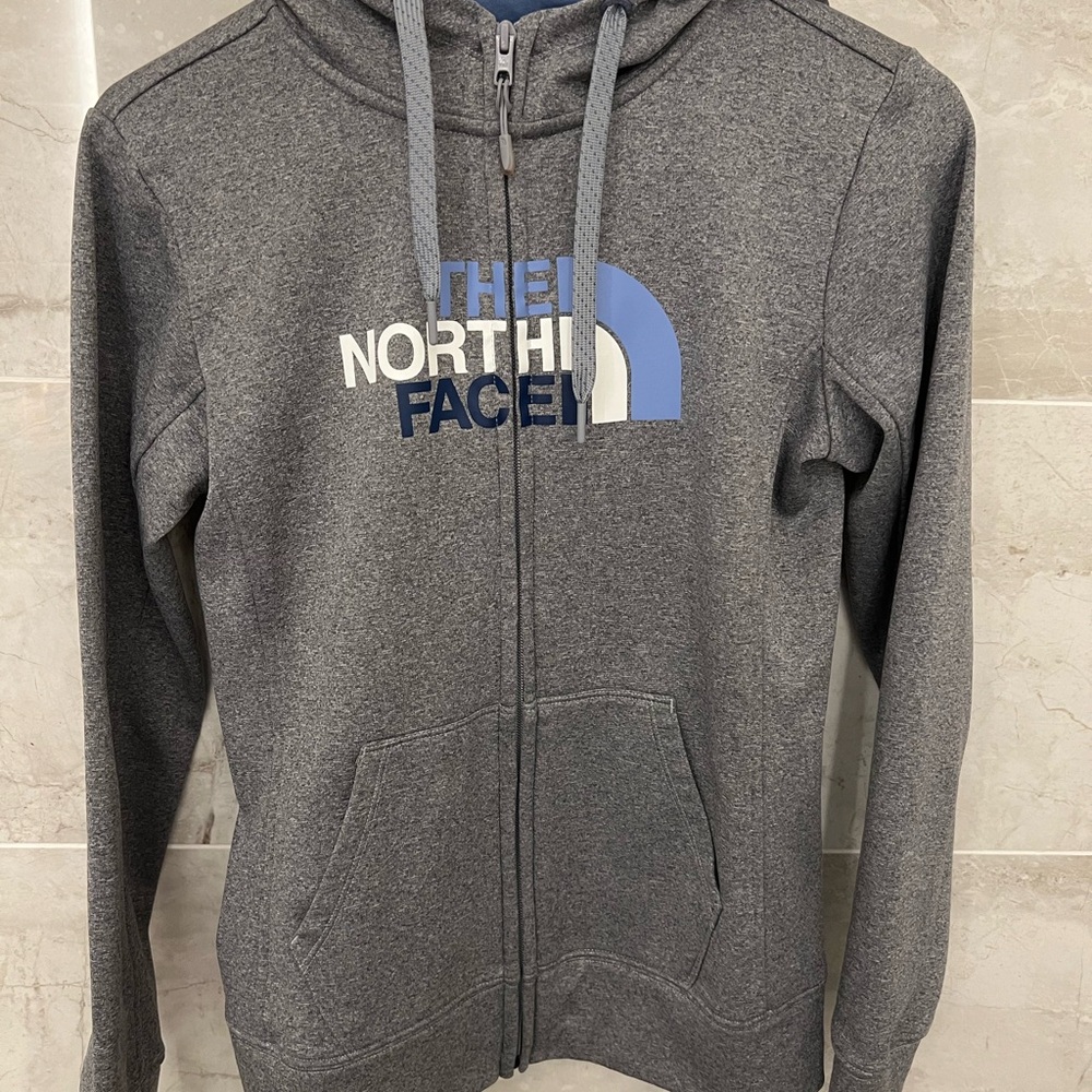 The North Face Women’s Small Heather Gray Full-Zip Hoodie Blue Lined Hood